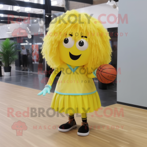 Lemon Yellow Basketball Ball mascot costume character dressed with a Dress Shirt and Hair clips