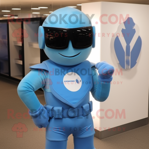 Sky Blue Spartan Soldier mascot costume character dressed with a Henley Tee and Sunglasses