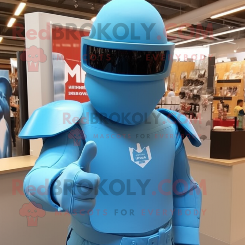 Sky Blue Spartan Soldier mascot costume character dressed with a Henley Tee and Sunglasses