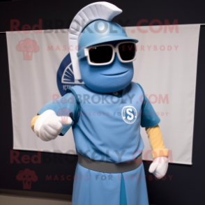 Sky Blue Spartan Soldier mascot costume character dressed with a Henley Tee and Sunglasses