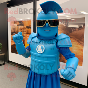 Sky Blue Spartan Soldier mascot costume character dressed with a Henley Tee and Sunglasses