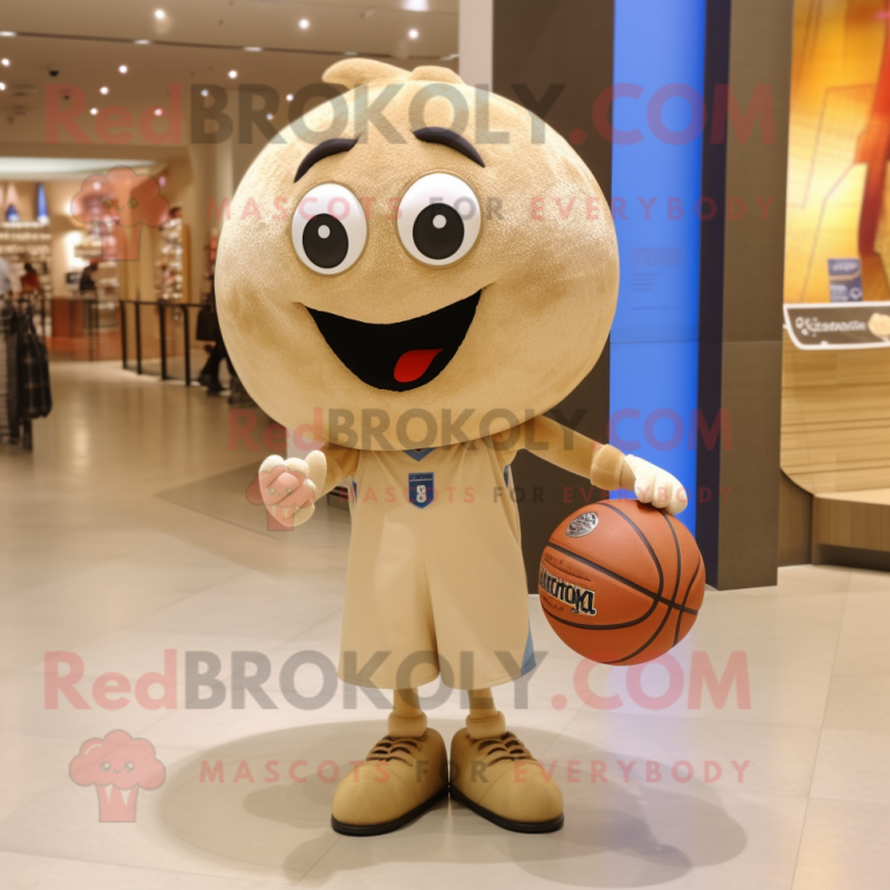 Beige Basketball Ball mascot costume character dressed with a Jeans and Tote bags Beige Basketball Ball mascot costume character dressed with a Jeans and Tote bags