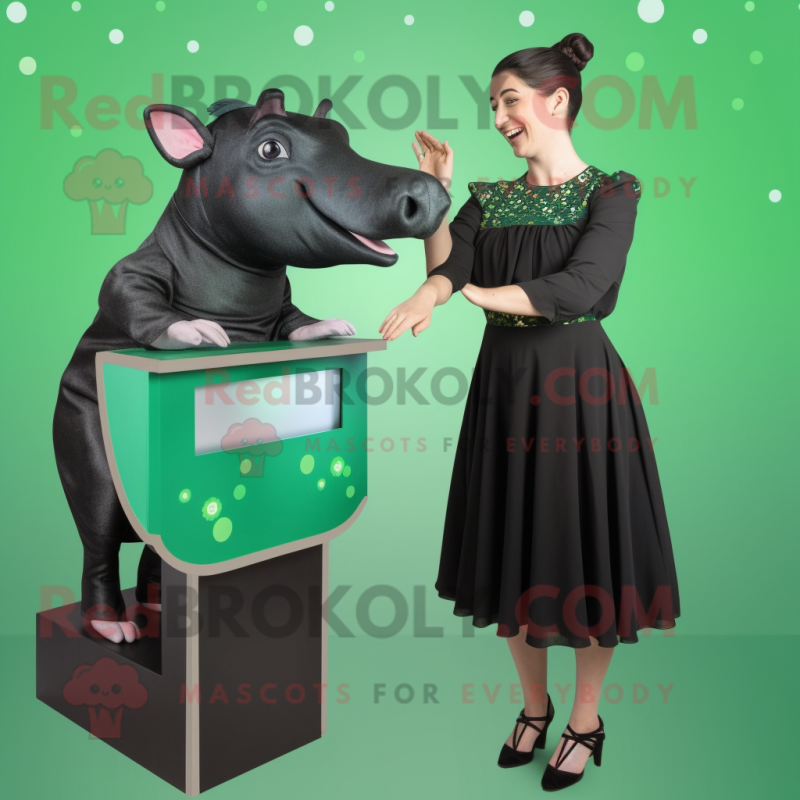 Forest Green Tapir mascot costume character dressed with a A-Line Skirt and Watches