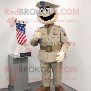 Cream American Soldier mascot costume character dressed with a Oxford Shirt and Lapel pins