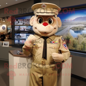 Cream American Soldier mascot costume character dressed with a Oxford Shirt and Lapel pins