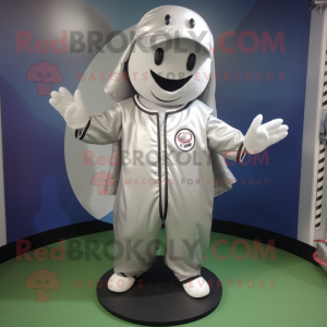 Silver Baseball Ball mascot costume character dressed with a Raincoat and Foot pads