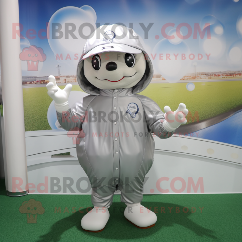Silver Baseball Ball mascot costume character dressed with a Raincoat and Foot pads Silver Baseball Ball mascot costume character dressed with a Raincoat and Foot pads