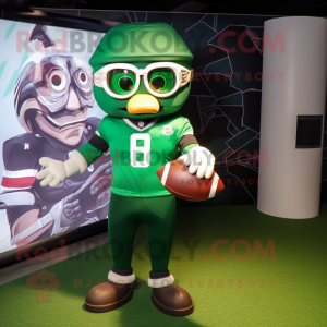 Green American Football Helmet mascot costume character dressed with a Polo Tee and Reading glasses