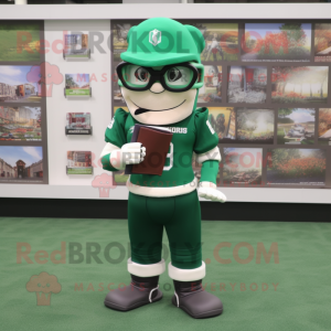 Green American Football Helmet mascot costume character dressed with a Polo Tee and Reading glasses