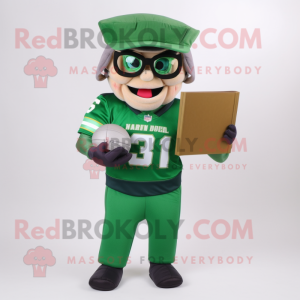 Green American Football Helmet mascot costume character dressed with a Polo Tee and Reading glasses