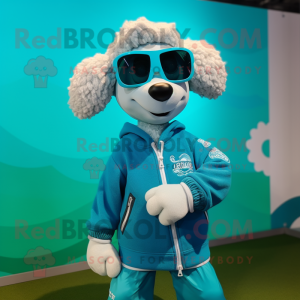 Teal Sheep mascot costume character dressed with a Windbreaker and Sunglasses