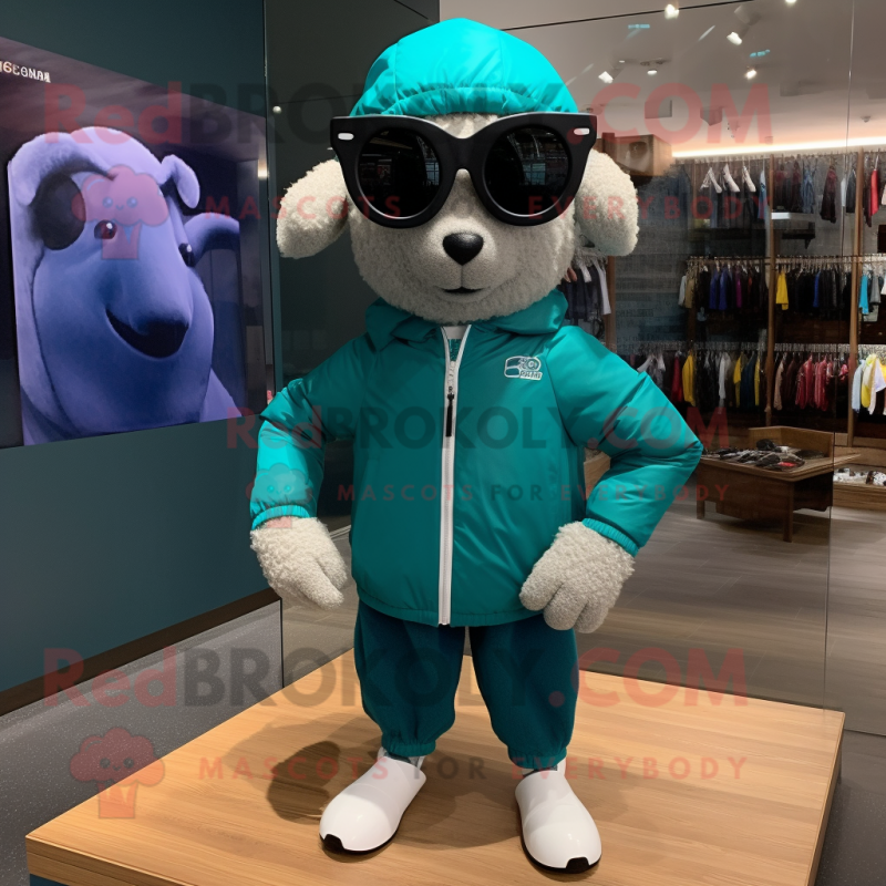 Teal Sheep mascot costume character dressed with a Windbreaker and Sunglasses