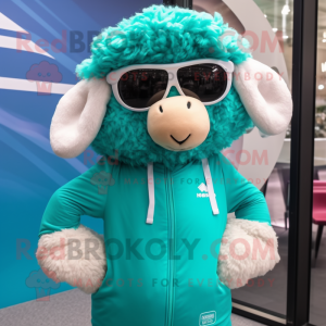 Teal Sheep mascot costume character dressed with a Windbreaker and Sunglasses