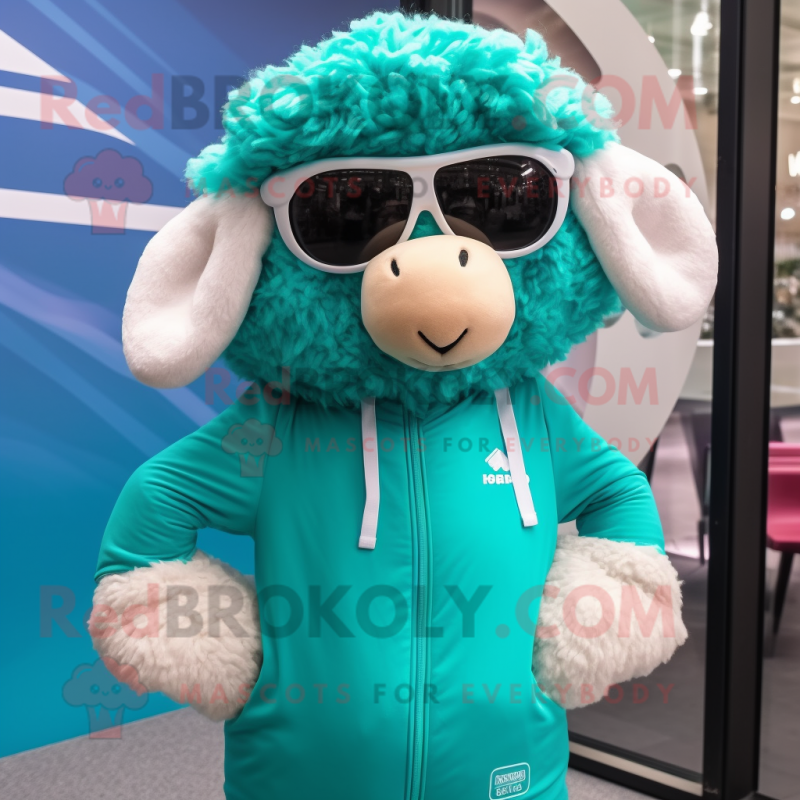 Teal Sheep mascot costume character dressed with a Windbreaker and Sunglasses Teal Sheep mascot costume character dressed with a Windbreaker and Sunglasses