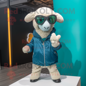 Teal Sheep mascot costume character dressed with a Windbreaker and Sunglasses