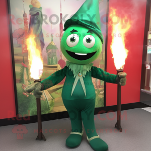 Green Fire Eater mascot costume character dressed with a Jeggings and Shawl pins