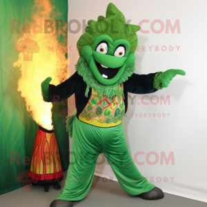 Green Fire Eater mascot costume character dressed with a Jeggings and Shawl pins