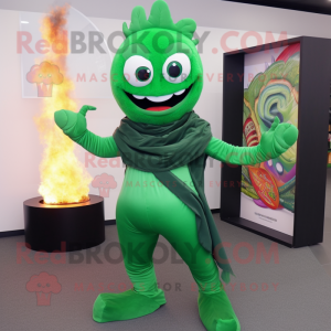 Green Fire Eater mascot costume character dressed with a Jeggings and Shawl pins