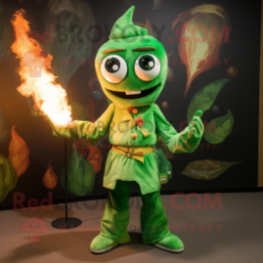 Green Fire Eater mascot costume character dressed with a Jeggings and Shawl pins