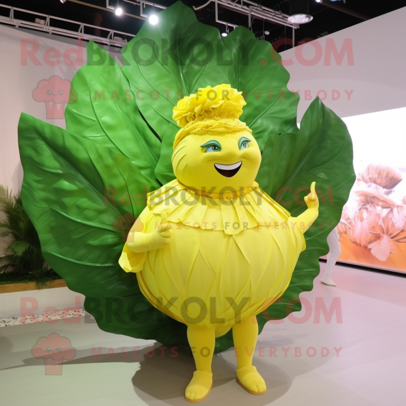 Yellow Cabbage Leaf mascot costume character dressed with a Bikini and Earrings Yellow Cabbage Leaf mascot costume character dressed with a Bikini and Earrings