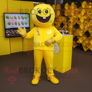 Lemon Yellow Chocolate Bars mascot costume character dressed with a Jumpsuit and Lapel pins