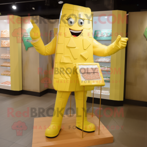 Lemon Yellow Chocolate Bars mascot costume character dressed with a Jumpsuit and Lapel pins