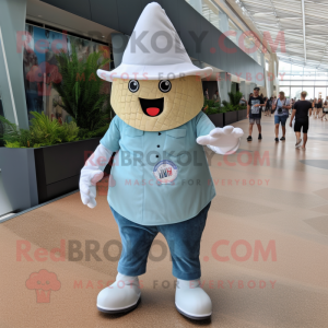 Silver Ice Cream Cone mascot costume character dressed with a Denim Shorts and Hat pins