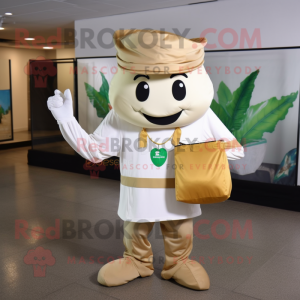 Beige Pot Of Gold mascot costume character dressed with a Poplin Shirt and Messenger bags