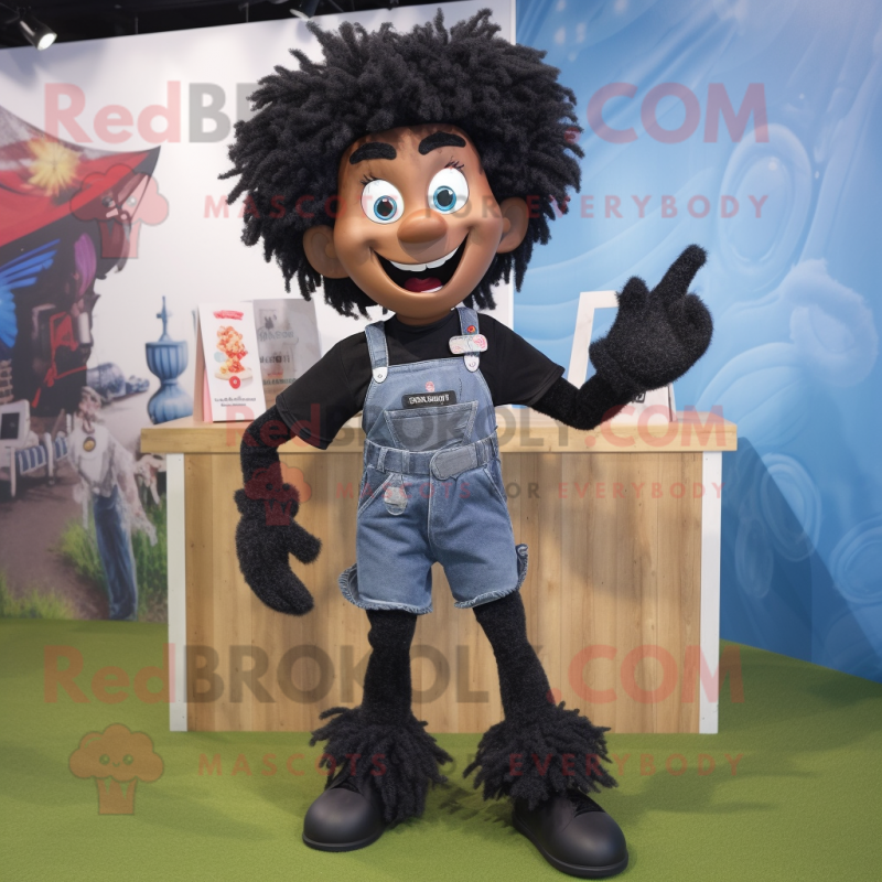 Black Acrobat mascot costume character dressed with a Denim Shorts and Hair clips Black Acrobat mascot costume character dressed with a Denim Shorts and Hair clips