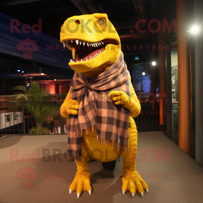 Yellow T Rex mascot costume character dressed with a Flannel Shirt and Shawls Yellow T Rex mascot costume character dressed with a Flannel Shirt and Shawls