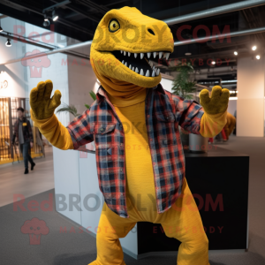 Yellow T Rex mascot costume character dressed with a Flannel Shirt and Shawls