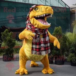 Yellow T Rex mascot costume character dressed with a Flannel Shirt and Shawls