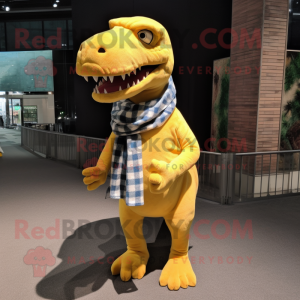 Yellow T Rex mascot costume character dressed with a Flannel Shirt and Shawls