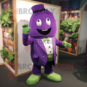 Purple Cucumber mascot costume character dressed with a Playsuit and Pocket squares