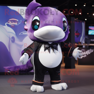 Purple Killer Whale mascot costume character dressed with a Playsuit and Wallets