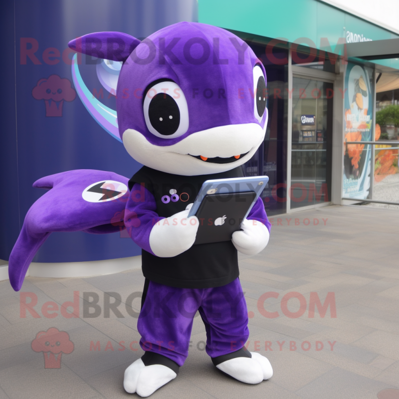 Purple Killer Whale mascot costume character dressed with a Playsuit and Wallets