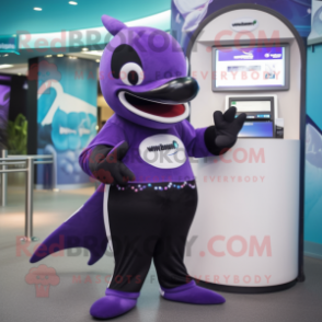 Purple Killer Whale mascot costume character dressed with a Playsuit and Wallets