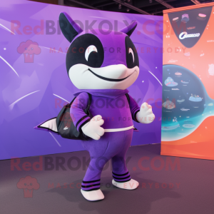 Purple Killer Whale mascot costume character dressed with a Playsuit and Wallets