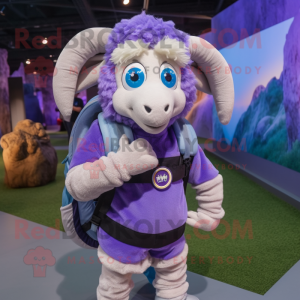 Lavender Ram mascot costume character dressed with a Yoga Pants and Backpacks