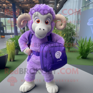 Lavender Ram mascot costume character dressed with a Yoga Pants and Backpacks