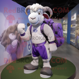 Lavender Ram mascot costume character dressed with a Yoga Pants and Backpacks