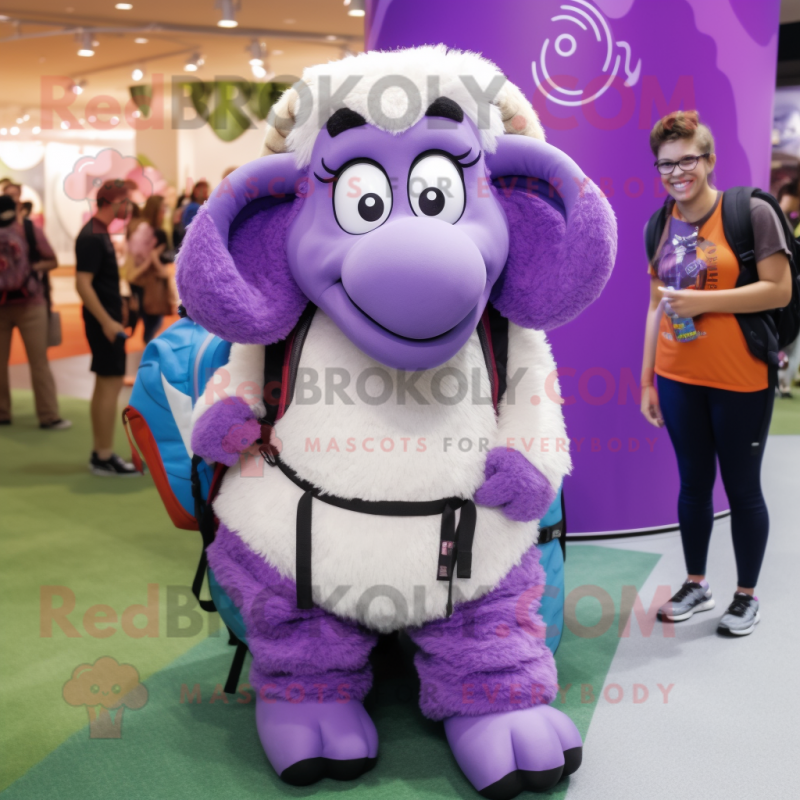 Lavender Ram mascot costume character dressed with a Yoga Pants and Backpacks Lavender Ram mascot costume character dressed with a Yoga Pants and Backpacks