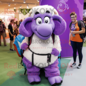 Lavender Ram mascot costume character dressed with a Yoga Pants and Backpacks