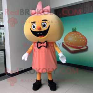 Peach Hamburger mascot costume character dressed with a Sheath Dress and Bow ties