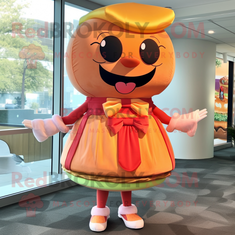 Peach Hamburger mascot costume character dressed with a Sheath Dress and Bow ties