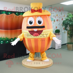 Peach Hamburger mascot costume character dressed with a Sheath Dress and Bow ties