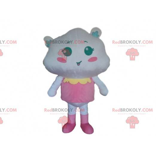 White cloud mascot dressed in pink, cloud costume -