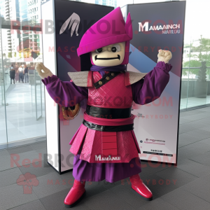 Magenta Samurai mascot costume character dressed with a A-Line Dress and Pocket squares