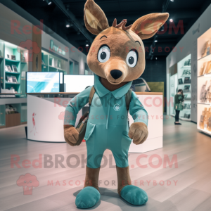 Teal Roe Deer mascot costume character dressed with a Romper and Messenger bags