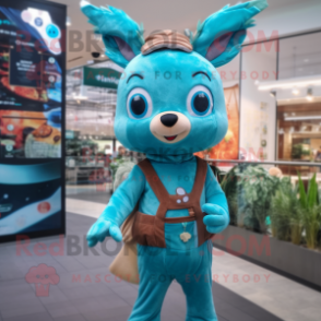 Teal Roe Deer mascot costume character dressed with a Romper and Messenger bags